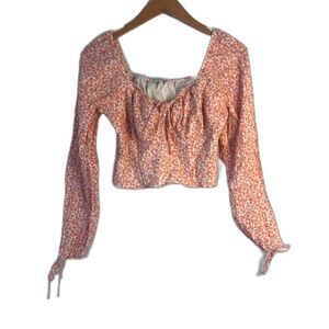 American Eagle Orange Floral‎ Print Cropped Long Sleeve Peasant Top Size Small